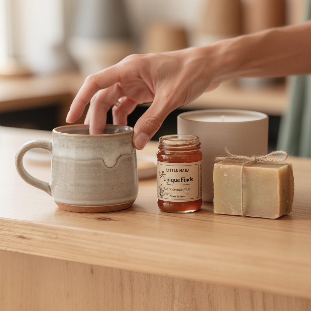 Little Corner Store's collection of unique Santa Barbara crafts, souvenirs, and seasonal gifts on display